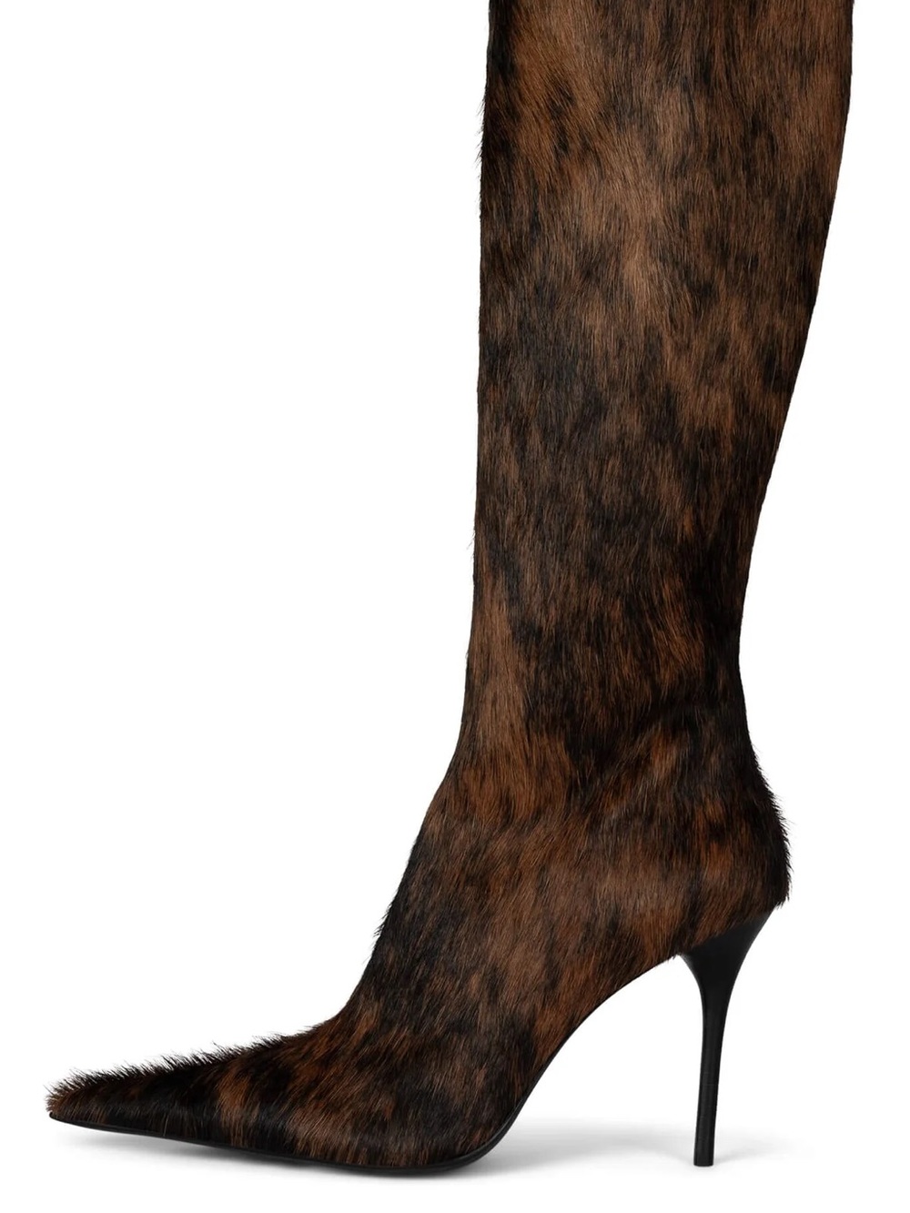 Cow Hide Pony Hair Pointed-Toe Stiletto Knee-High Boot - Brown Black Tan